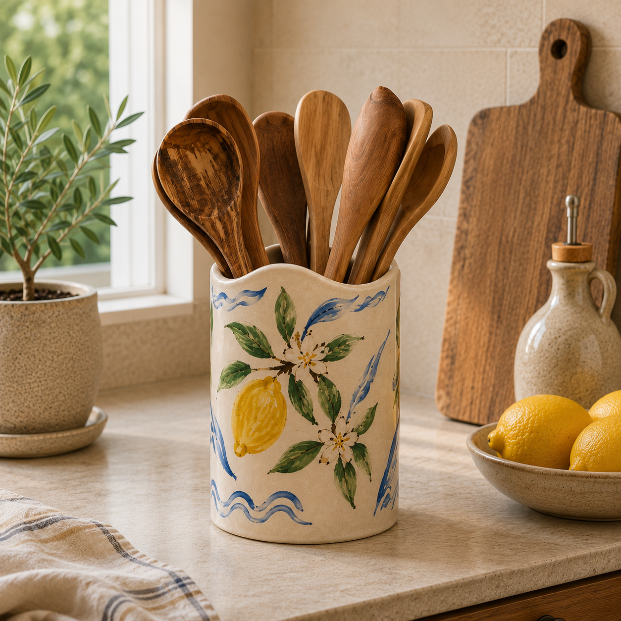 Hand Painted Lemon Ceramic Utensil Holder