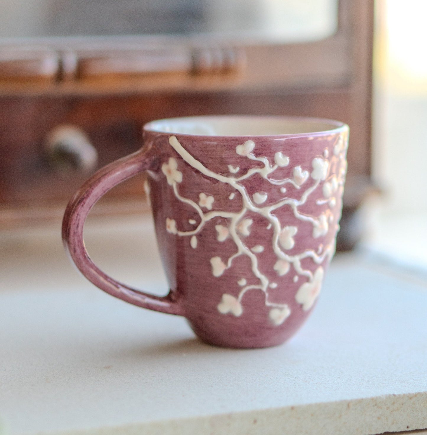 White Blossom Coffee Mug, Handmade Ceramic Mug, Sakura Coffee Mug