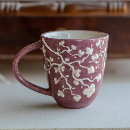 White Blossom Coffee Mug, Handmade Ceramic Mug, Sakura Coffee Mug