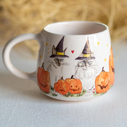 Witch Hat Cat Cute Halloween Mug, Handmade Ceramic Mug, Pumpkin Mug, Fall Mug